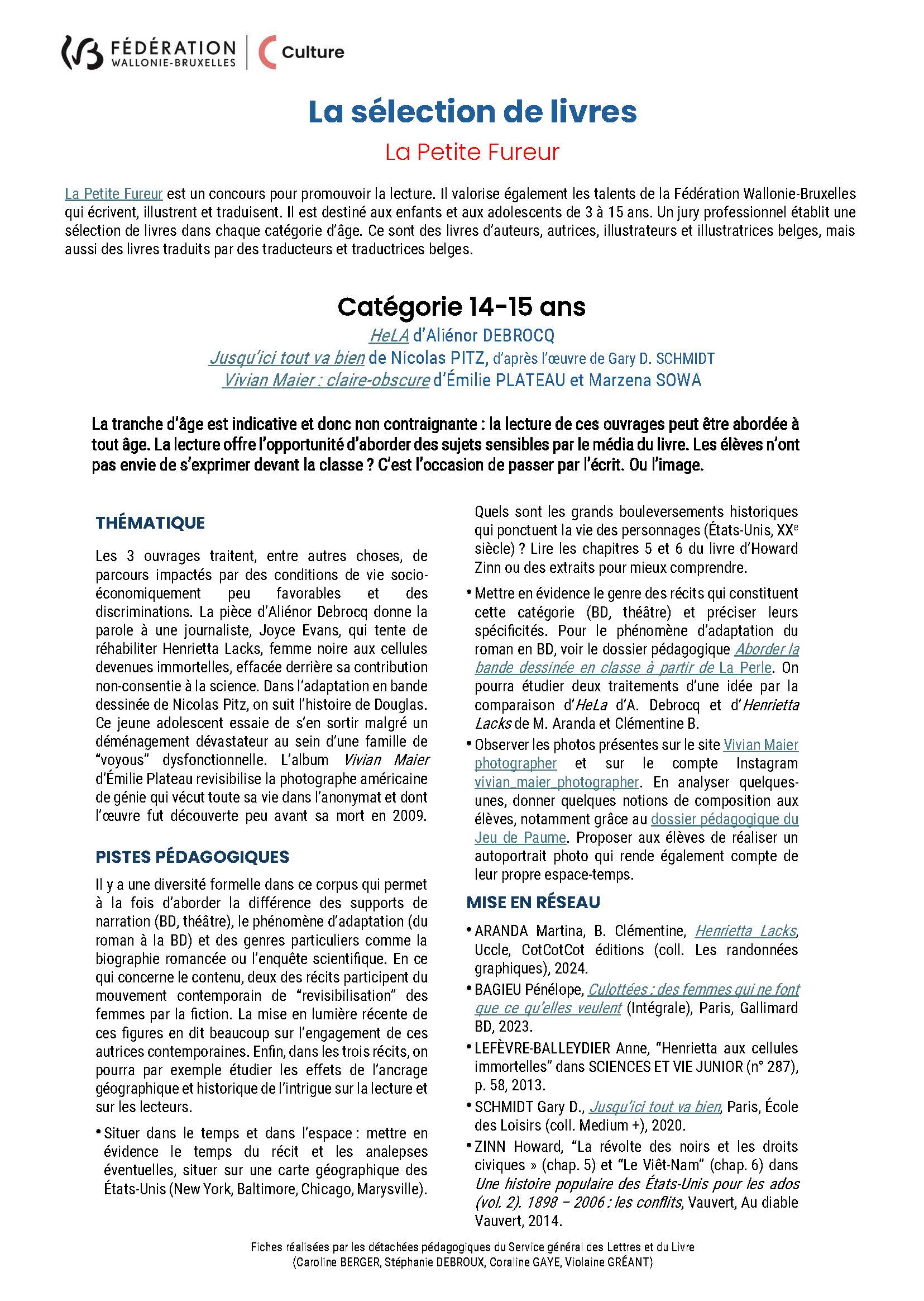 Fiche pédagogique : La Petite Fureur 2024, sélection 14-15 ans