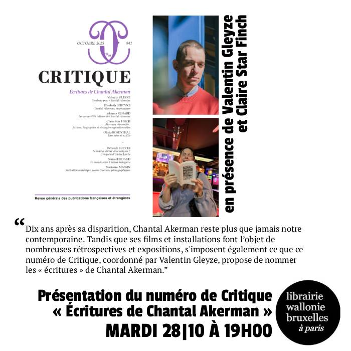Lancement de la revue Critique, Écritures de Chantal Akerman