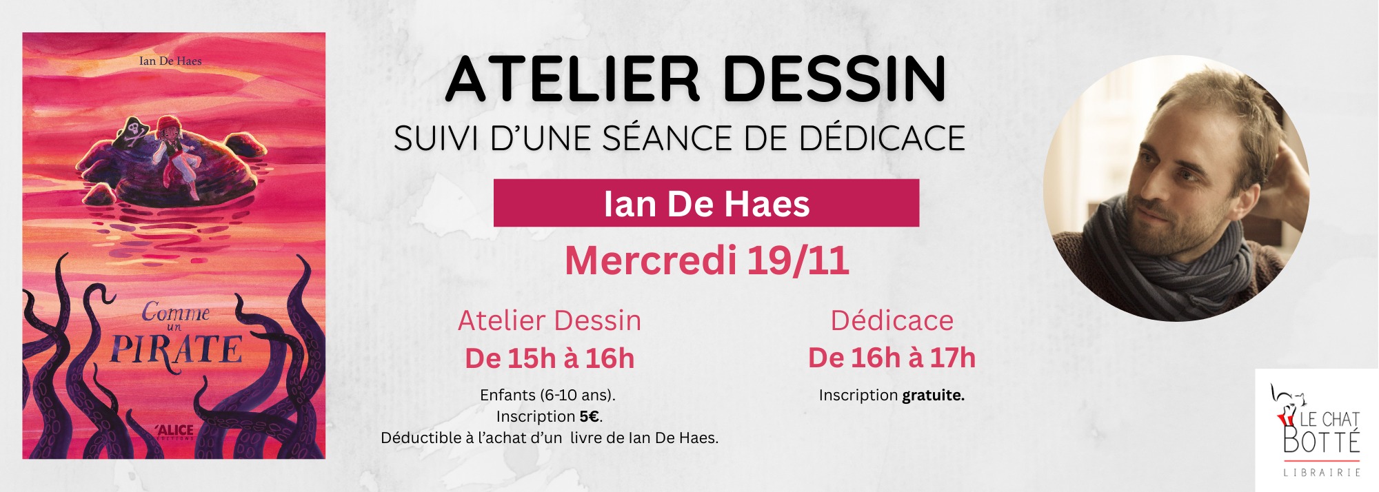 Atelier dessin avec Ian De Haes à la Librairie Le Chat Botté